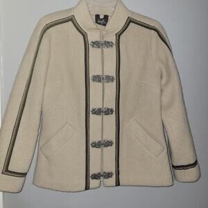 Vintage 70s Fjord Coat Ivory 100% Wool Pewter Clasp Nordic Fair Isle Jacket 36 4